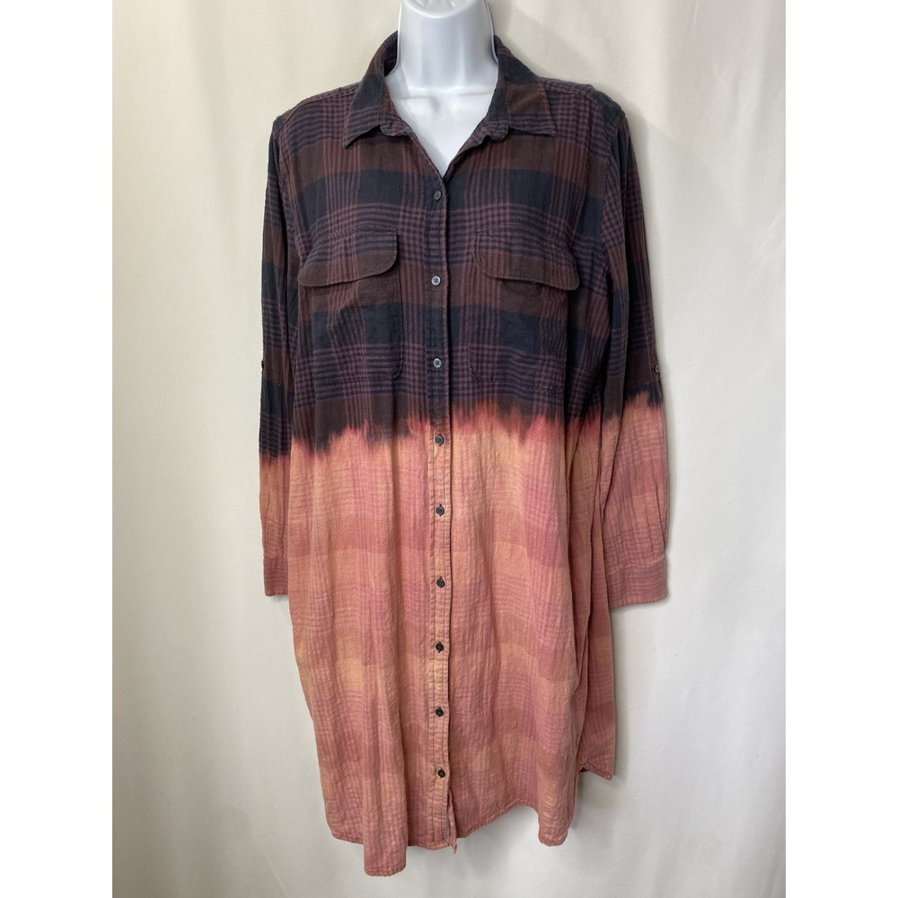 Ann Taylor Loft Dip Dyed Flannel Dress Womens Size XL Fall Grunge Punk Cotton